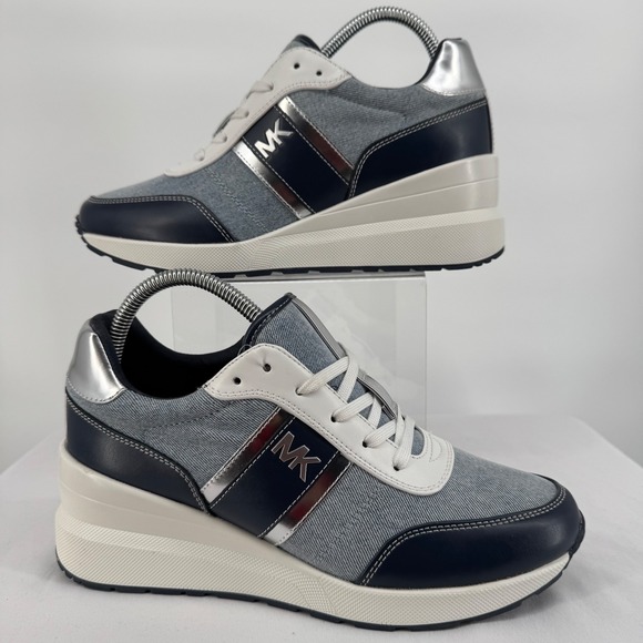 Michael Kors Women's Wedge Sneakers Denim Blue Silver Size 9M - Picture 1 of 8